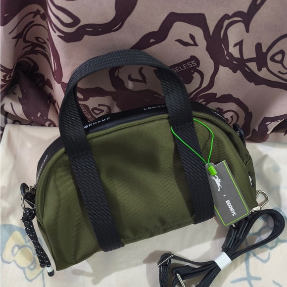 Longchamp Handbags - Longchamp Olive Green Canvas Belt Bag with Black Webbing